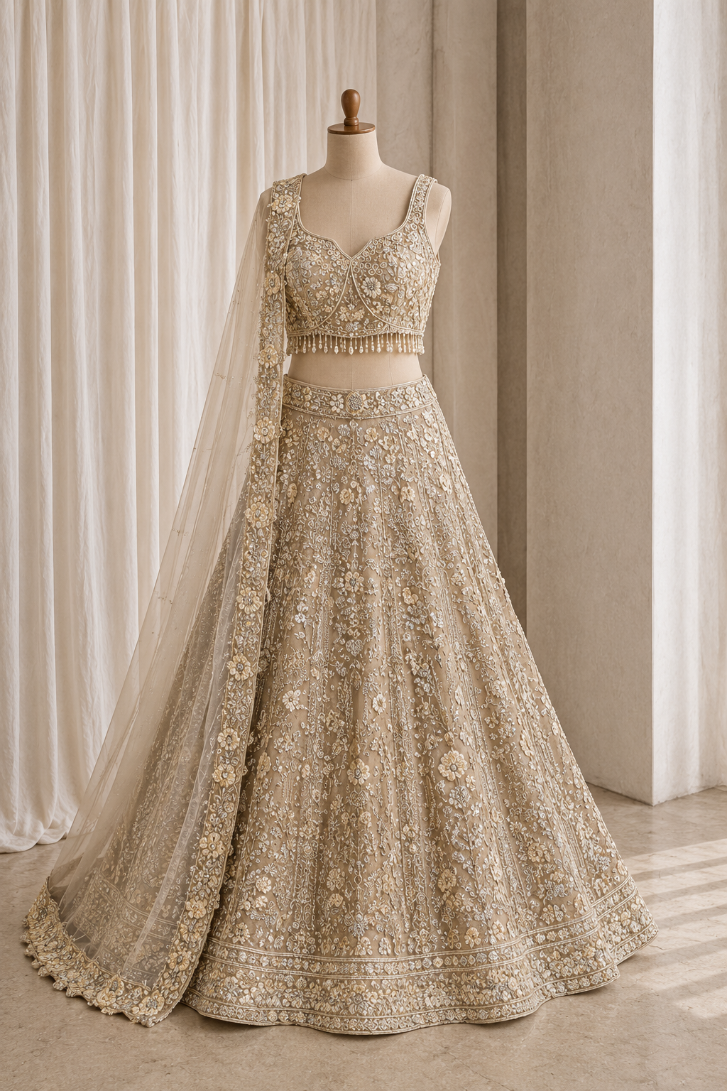 Magnificent Cutdana Work and Soft Net Fabric Beige Color Lehenga Choli