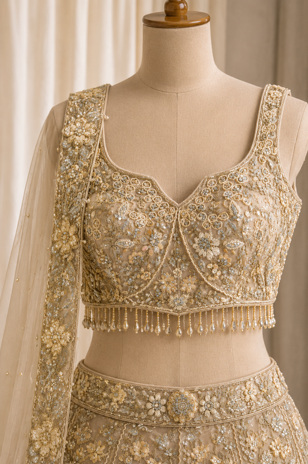 Magnificent Cutdana Work and Soft Net Fabric Beige Color Lehenga Choli