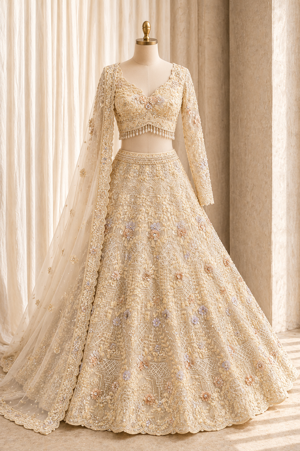 Beauteous Sequins Work and Soft Net Fabric Beige Color Bridal Lehenga Choli