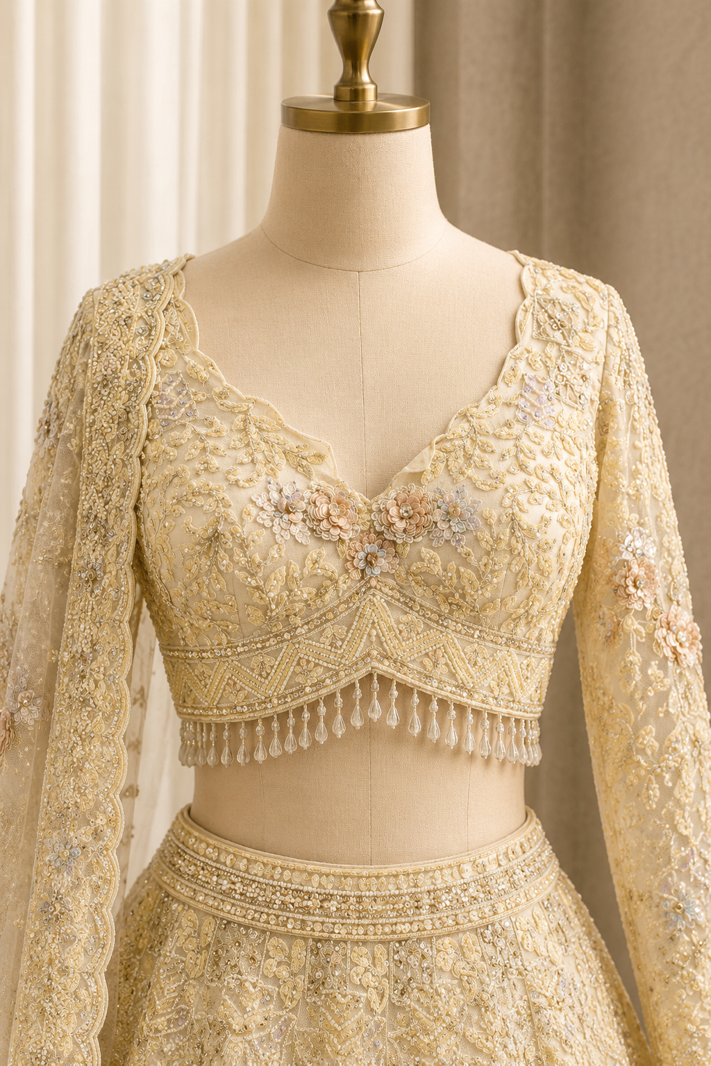 Beauteous Sequins Work and Soft Net Fabric Beige Color Bridal Lehenga Choli