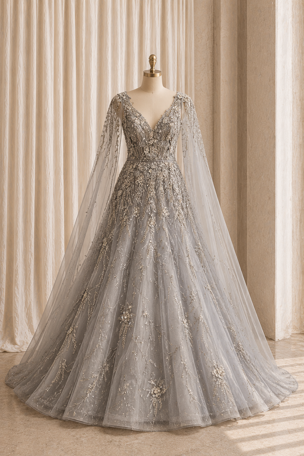 Magnificent Diamond Work and Soft Net Fabric Grey Color Designer Gown