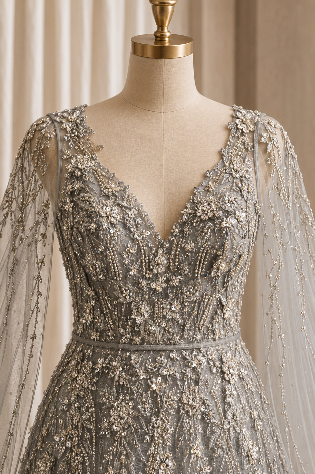 Magnificent Diamond Work and Soft Net Fabric Grey Color Designer Gown