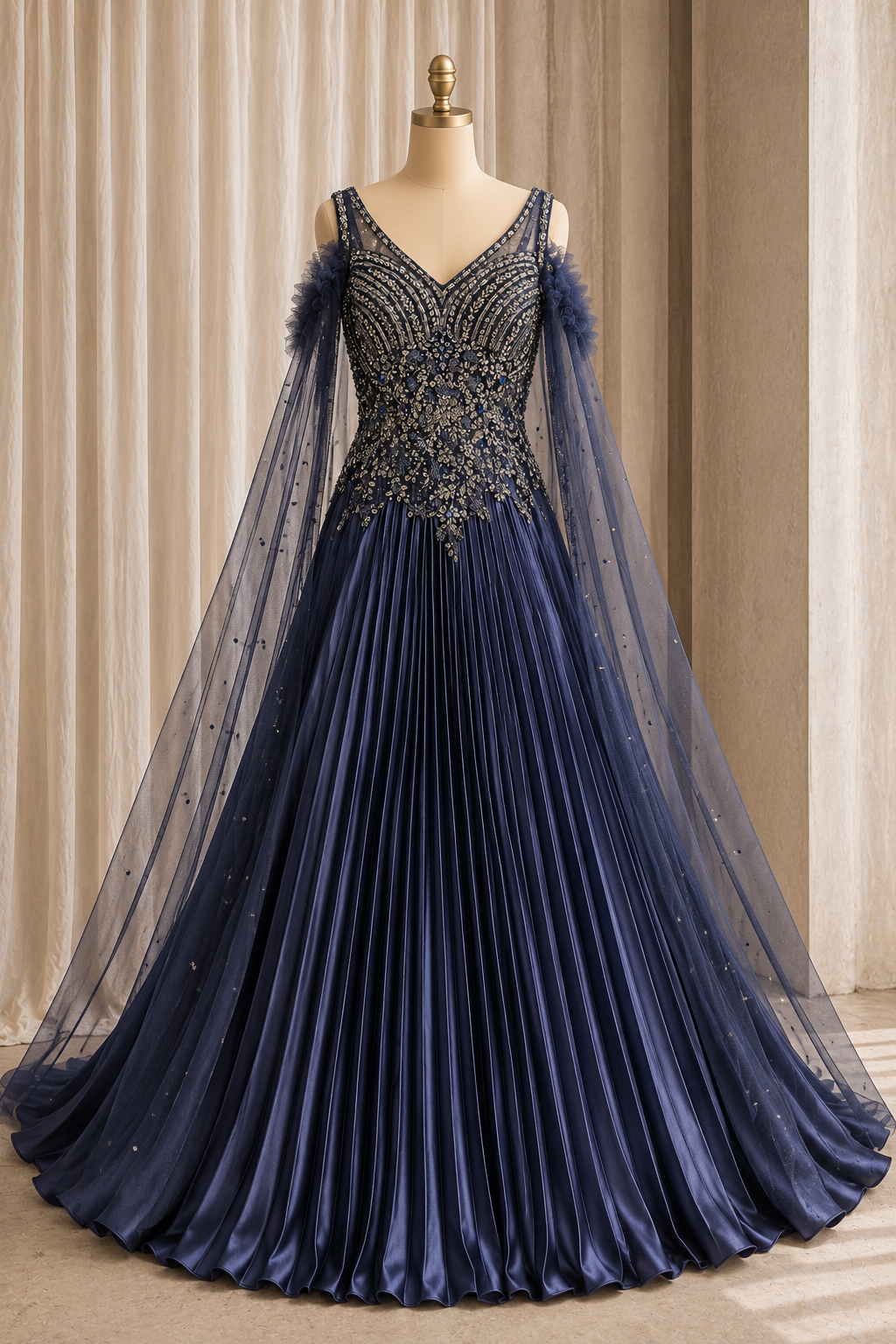 Lovely Sequins Work and Satin Silk Fabric Navy Blue Color Designer Gown