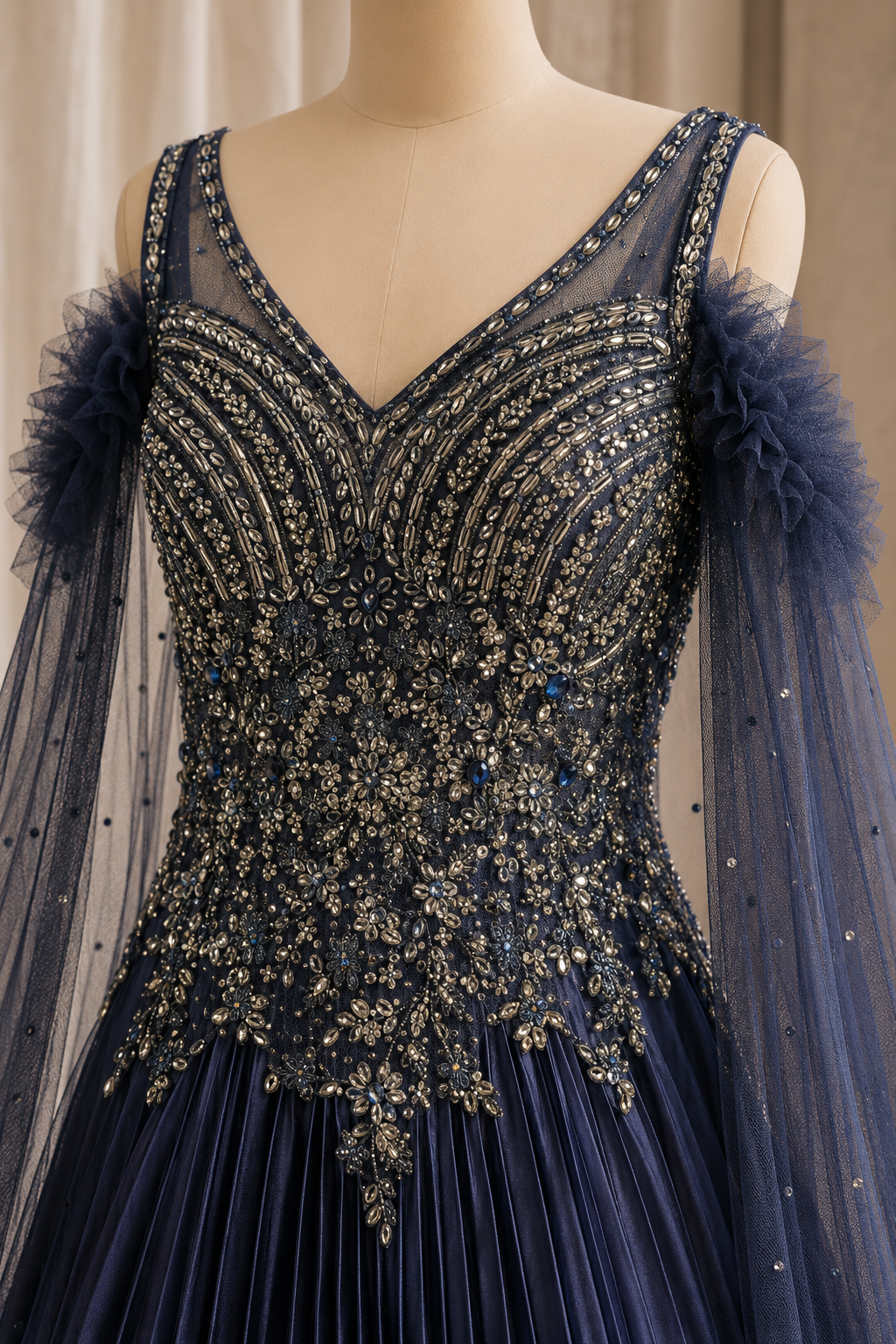 Lovely Sequins Work and Satin Silk Fabric Navy Blue Color Designer Gown