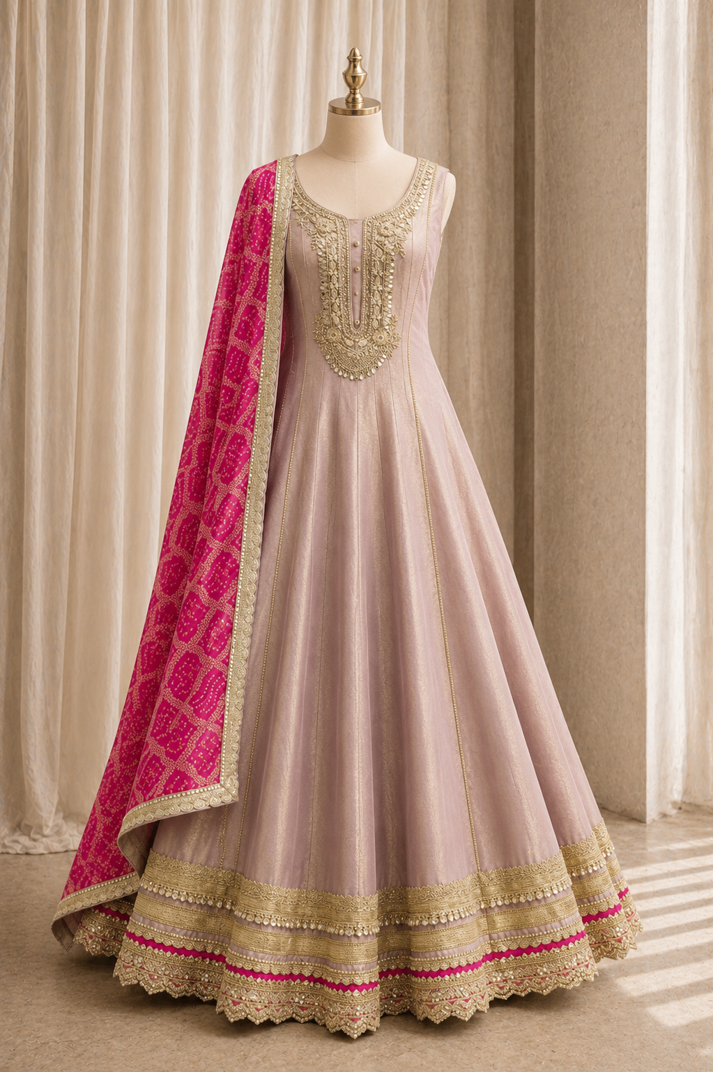 Stunning Weaving Work and Shimmer Fabric Rani Color Designer Gown