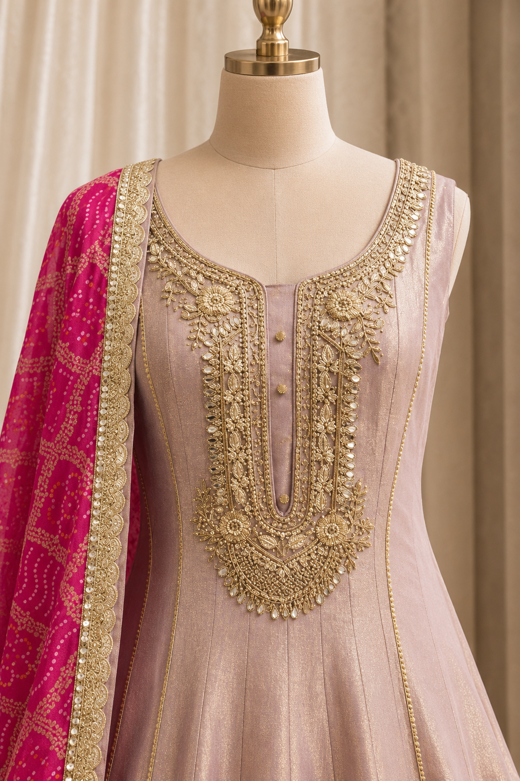 Stunning Weaving Work and Shimmer Fabric Rani Color Designer Gown