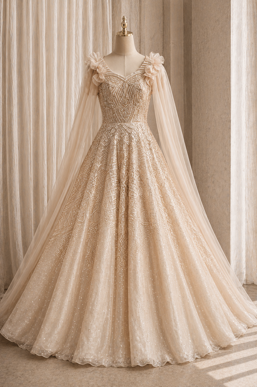 Gorgeous Cutdana Work and Soft Net Fabric Peach Color Designer Gown