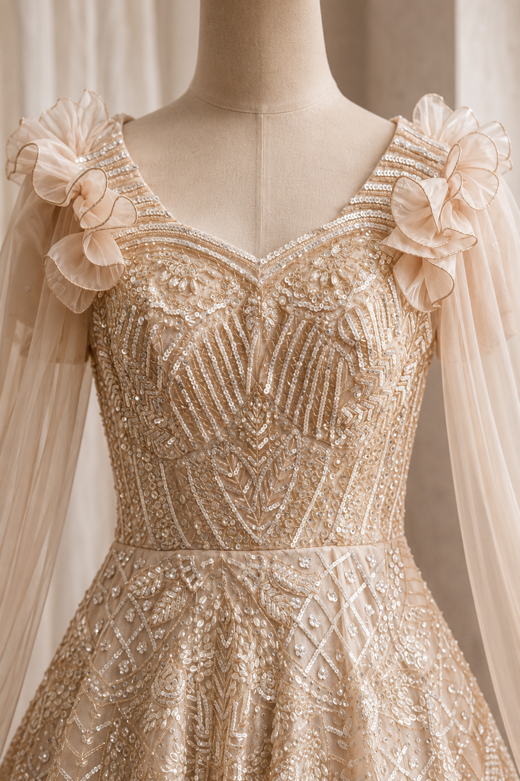 Gorgeous Cutdana Work and Soft Net Fabric Peach Color Designer Gown