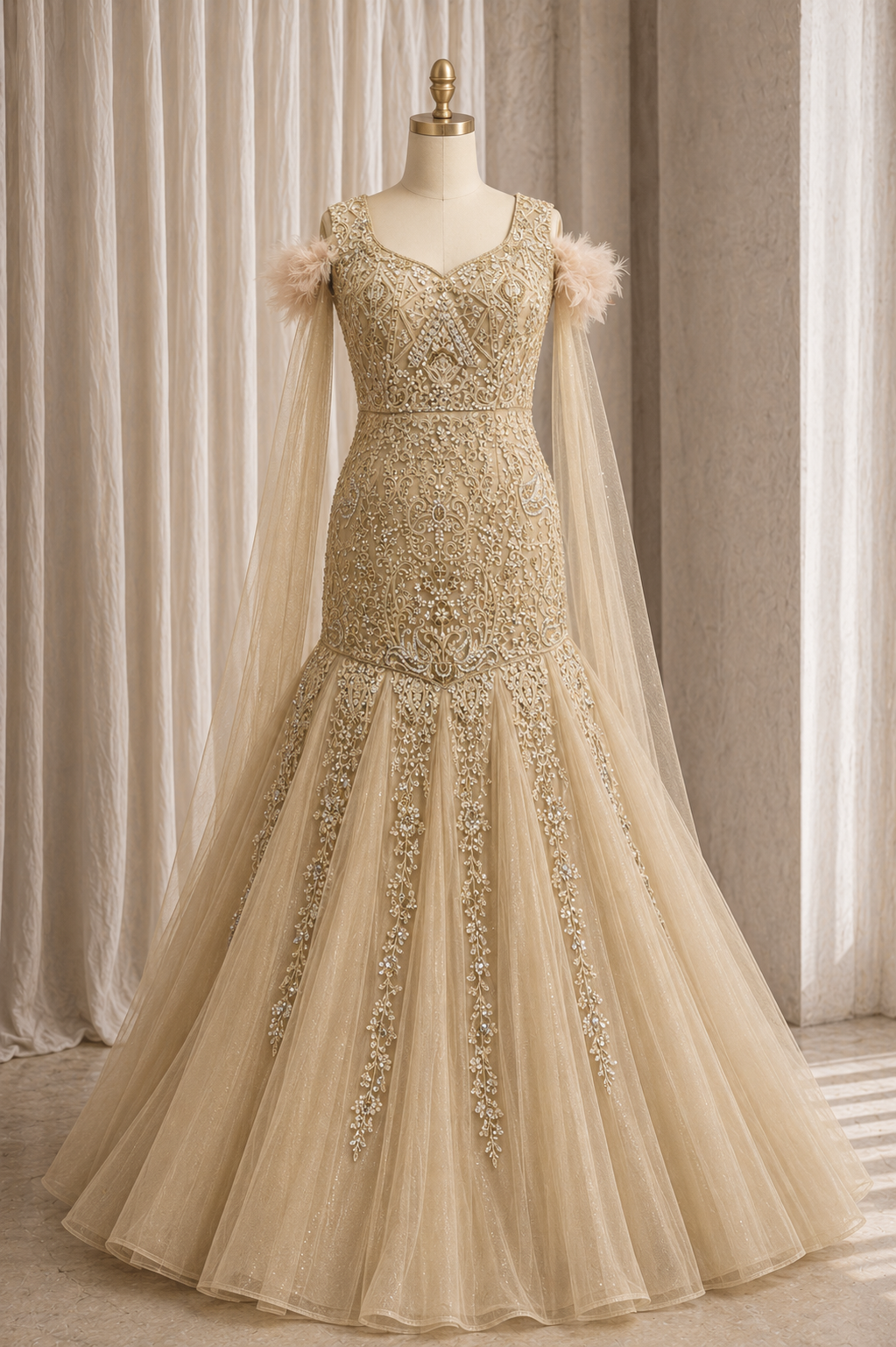 Attractive Kasab Work and Soft Net Fabric Beige Color Fishcut Style Designer Gown