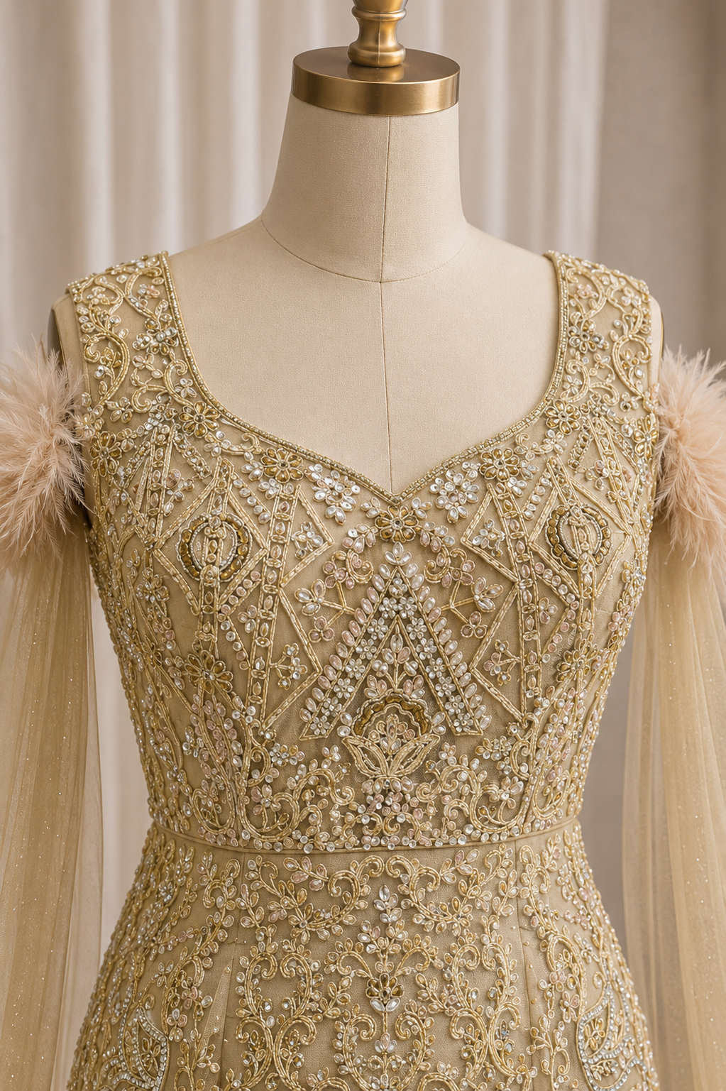Attractive Kasab Work and Soft Net Fabric Beige Color Fishcut Style Designer Gown