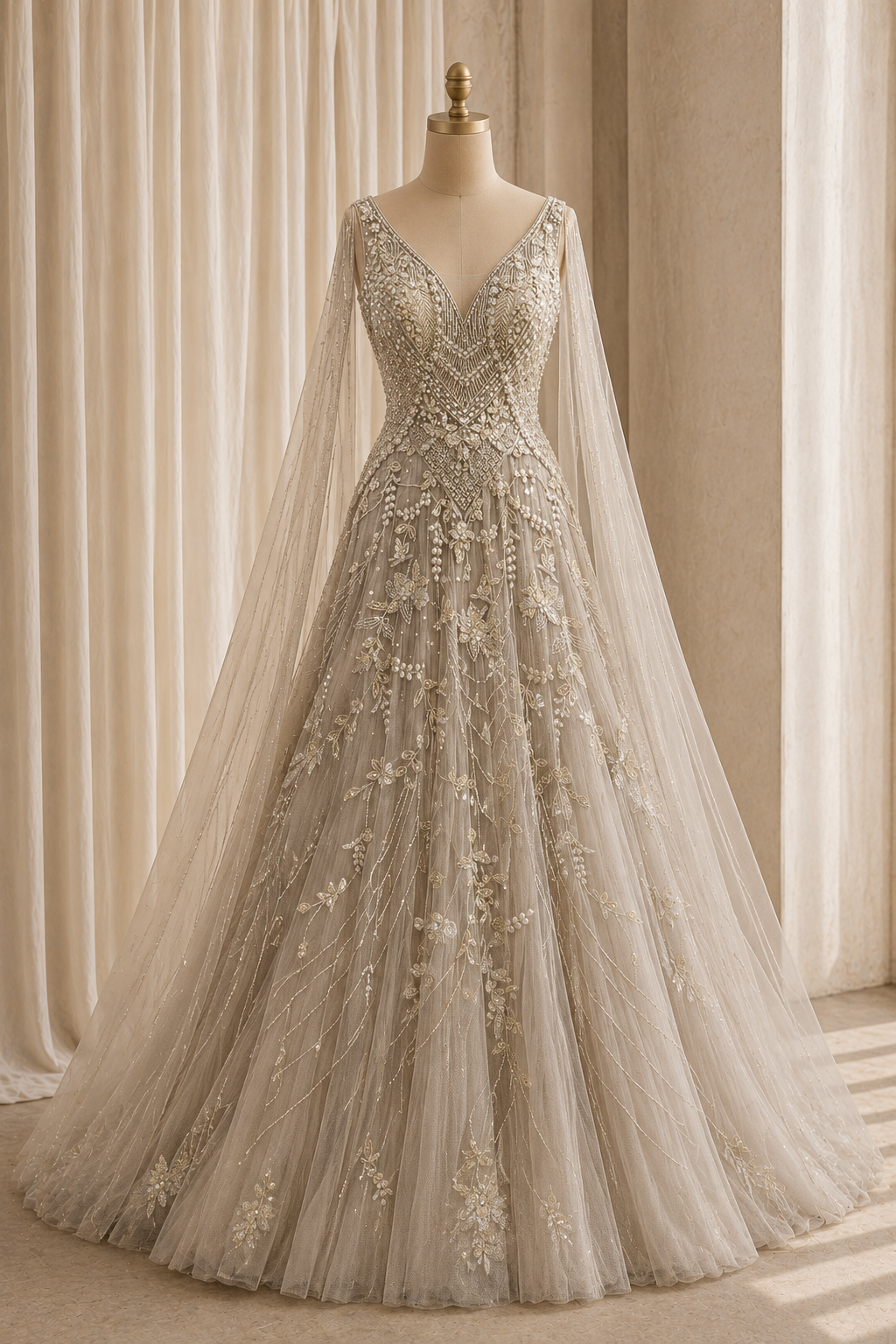 Beauteous Fancy Work and Soft Net Fabric Beige Color Designer Gown