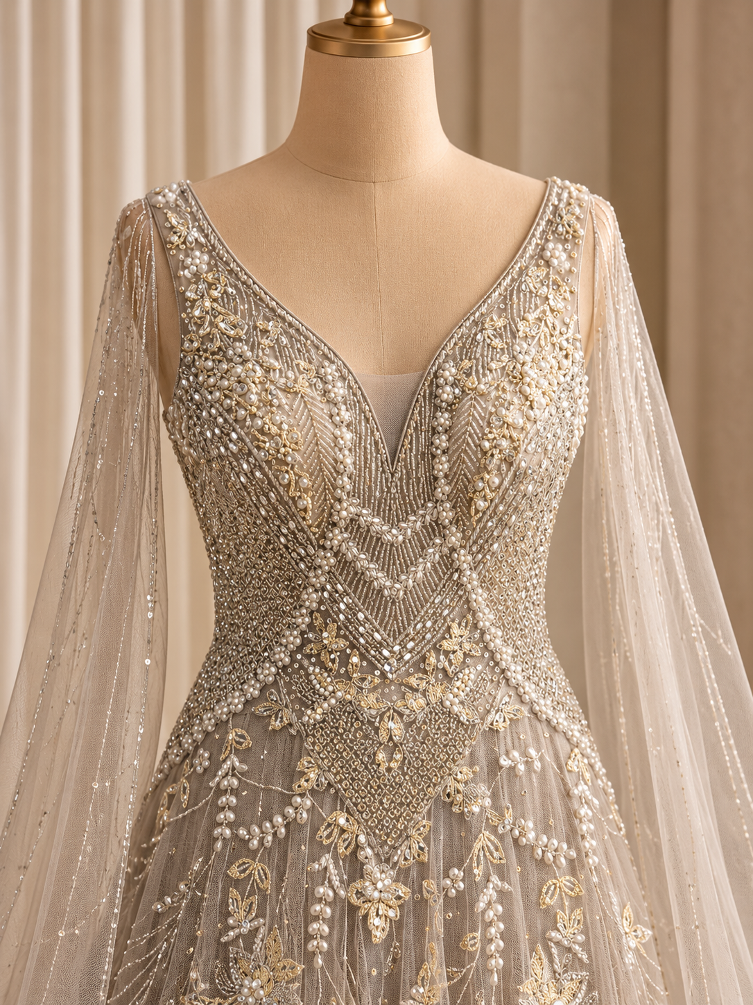 Beauteous Fancy Work and Soft Net Fabric Beige Color Designer Gown