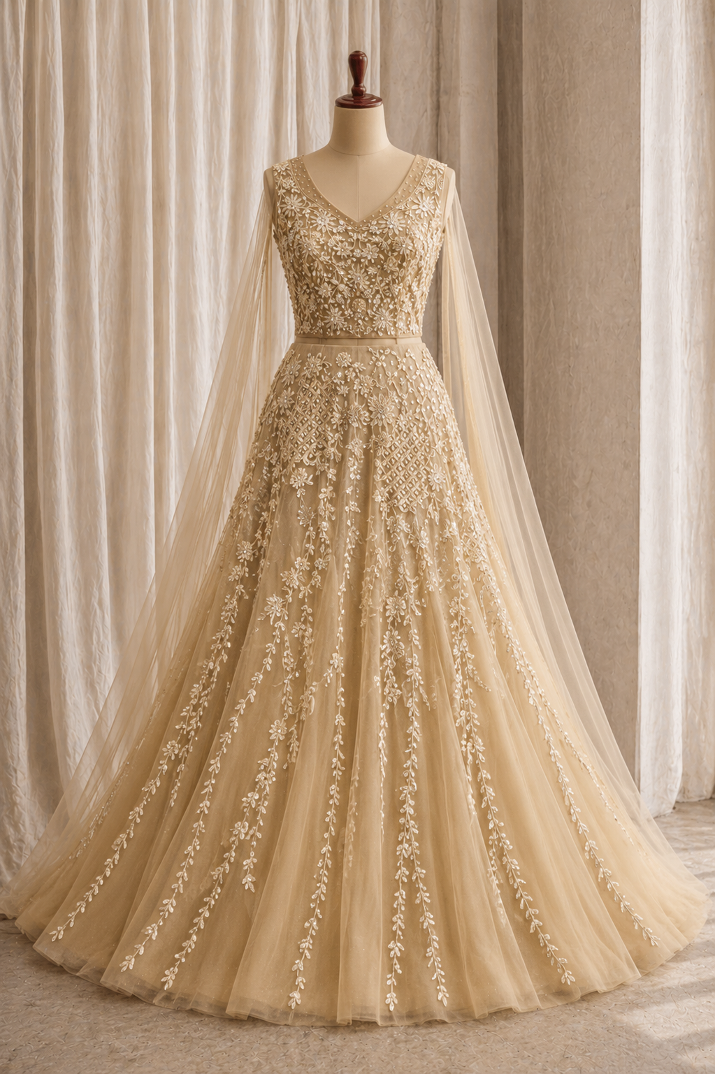Glorious Cutdana Work and Soft Net Fabric Gold Color Designer Gown