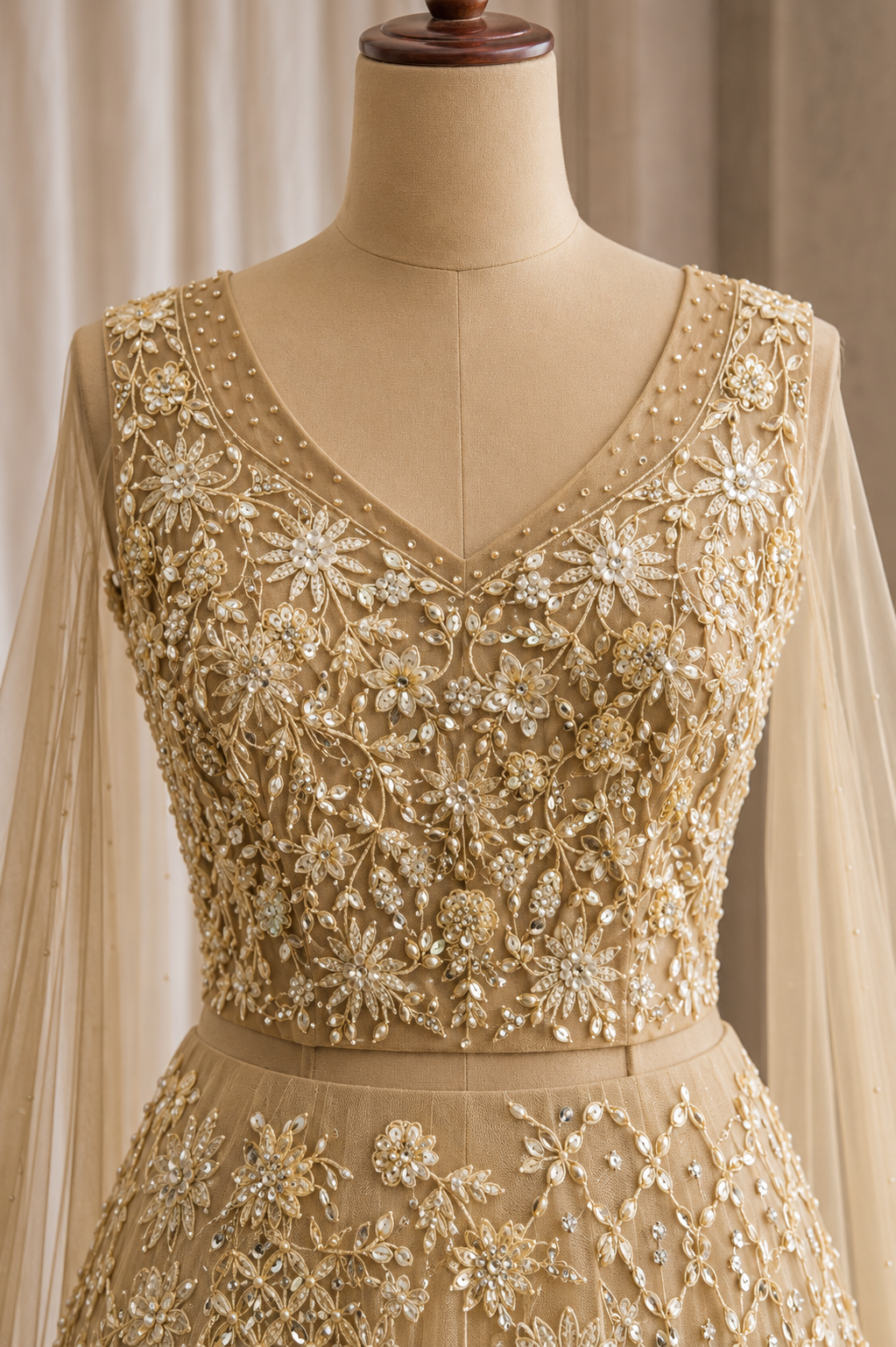 Glorious Cutdana Work and Soft Net Fabric Gold Color Designer Gown