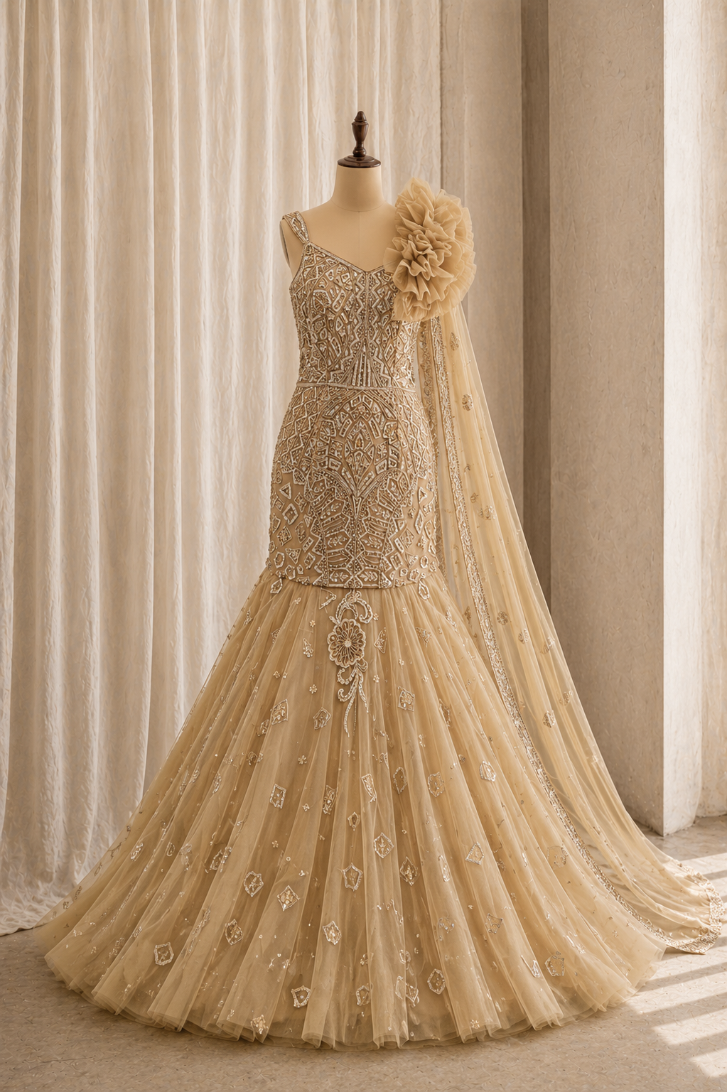 Charming Cutdana Work and Soft Net Fabric Beige Color Fishcut Designer Gown