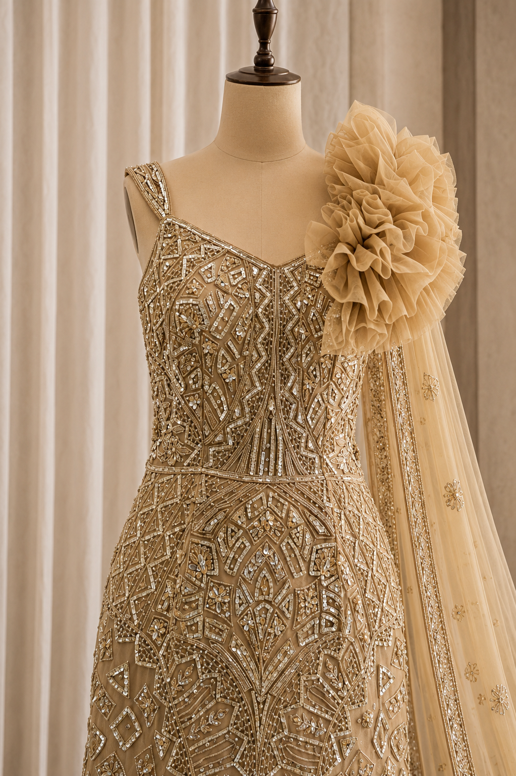 Charming Cutdana Work and Soft Net Fabric Beige Color Fishcut Designer Gown
