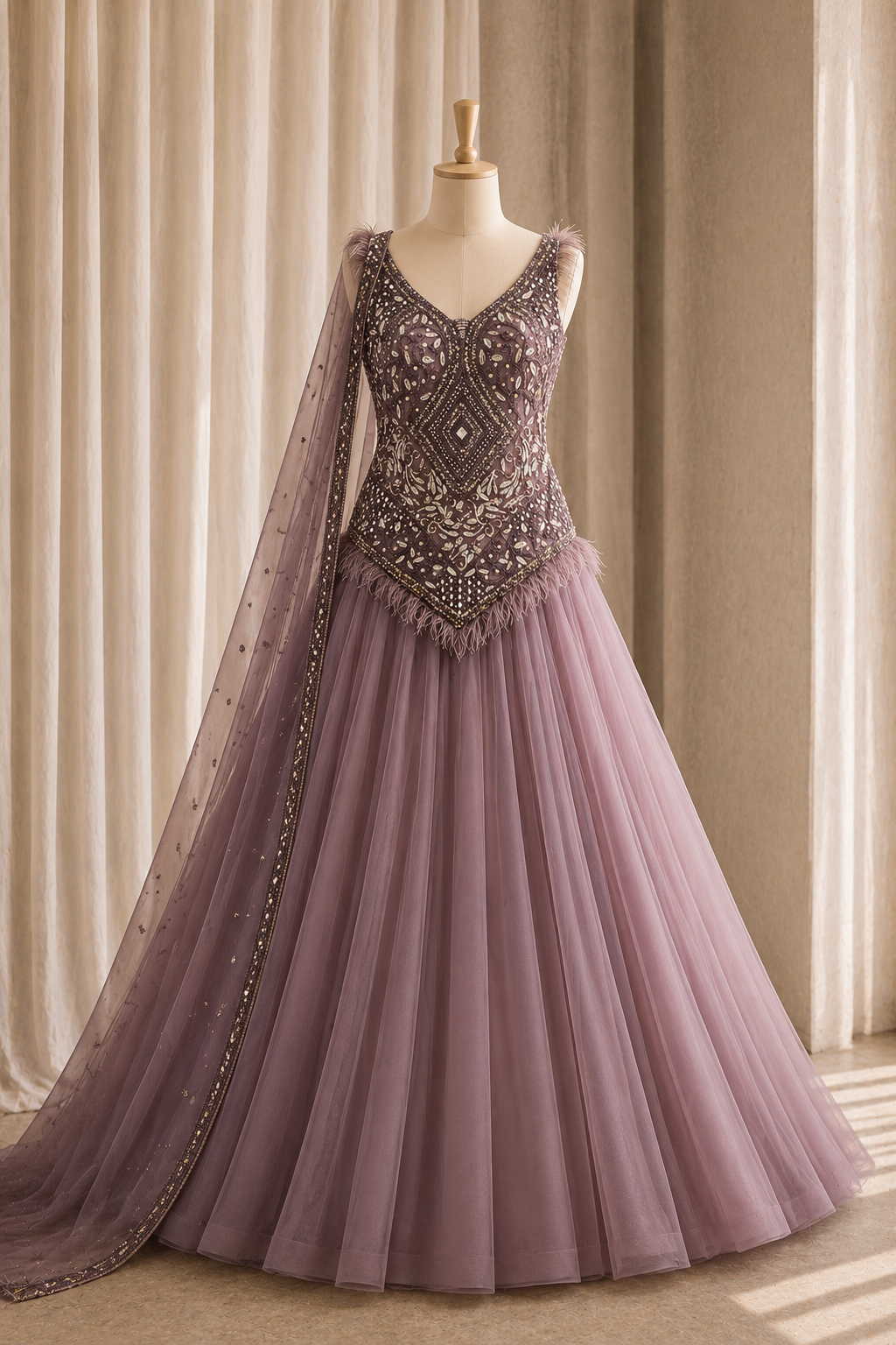 Delightful Moti Work and Soft Net Fabric Mauve Color Designer Gown