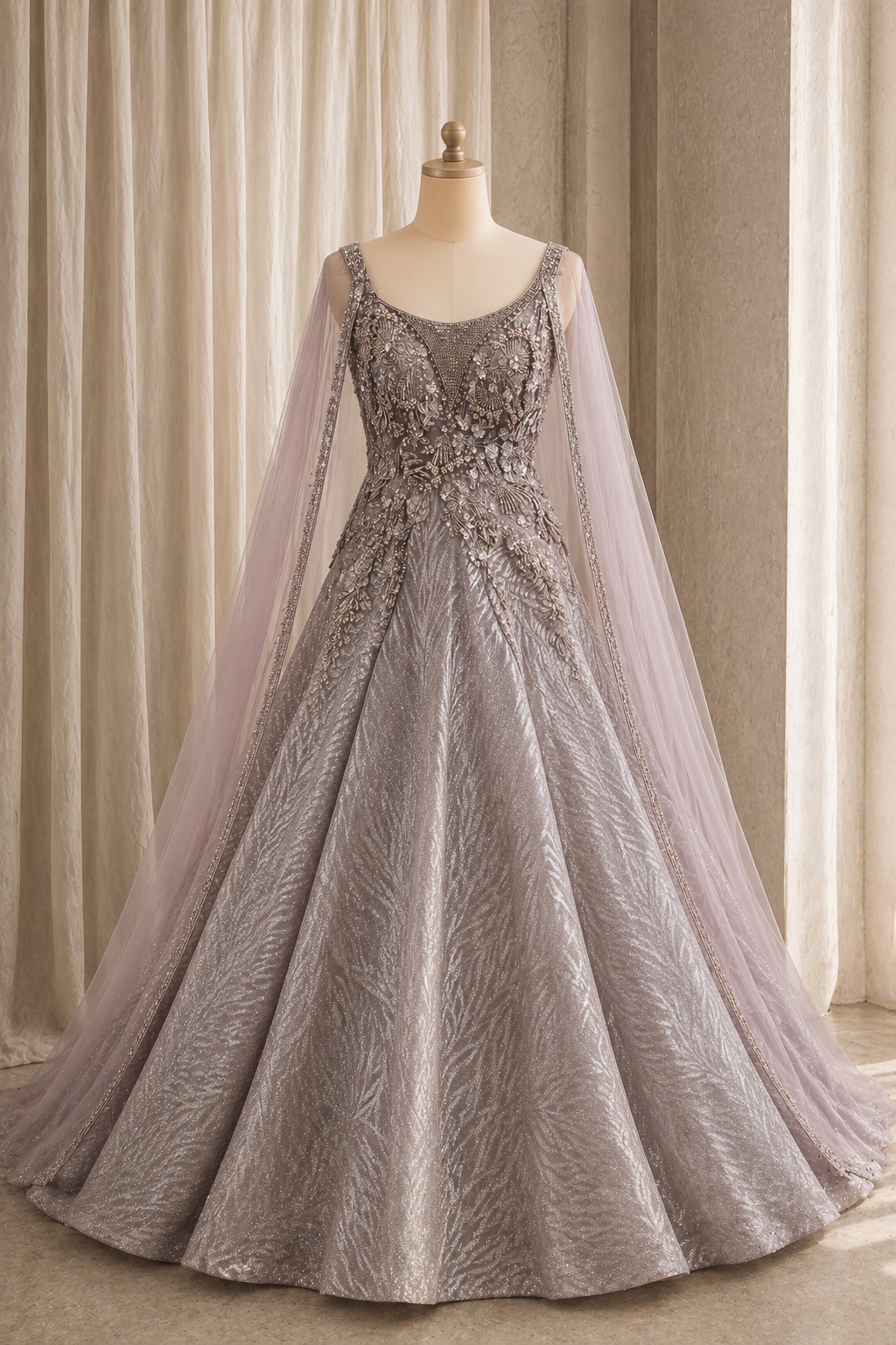 Handsome Pearl Work and Fancy Net Fabric Lavender Color Designer Gown