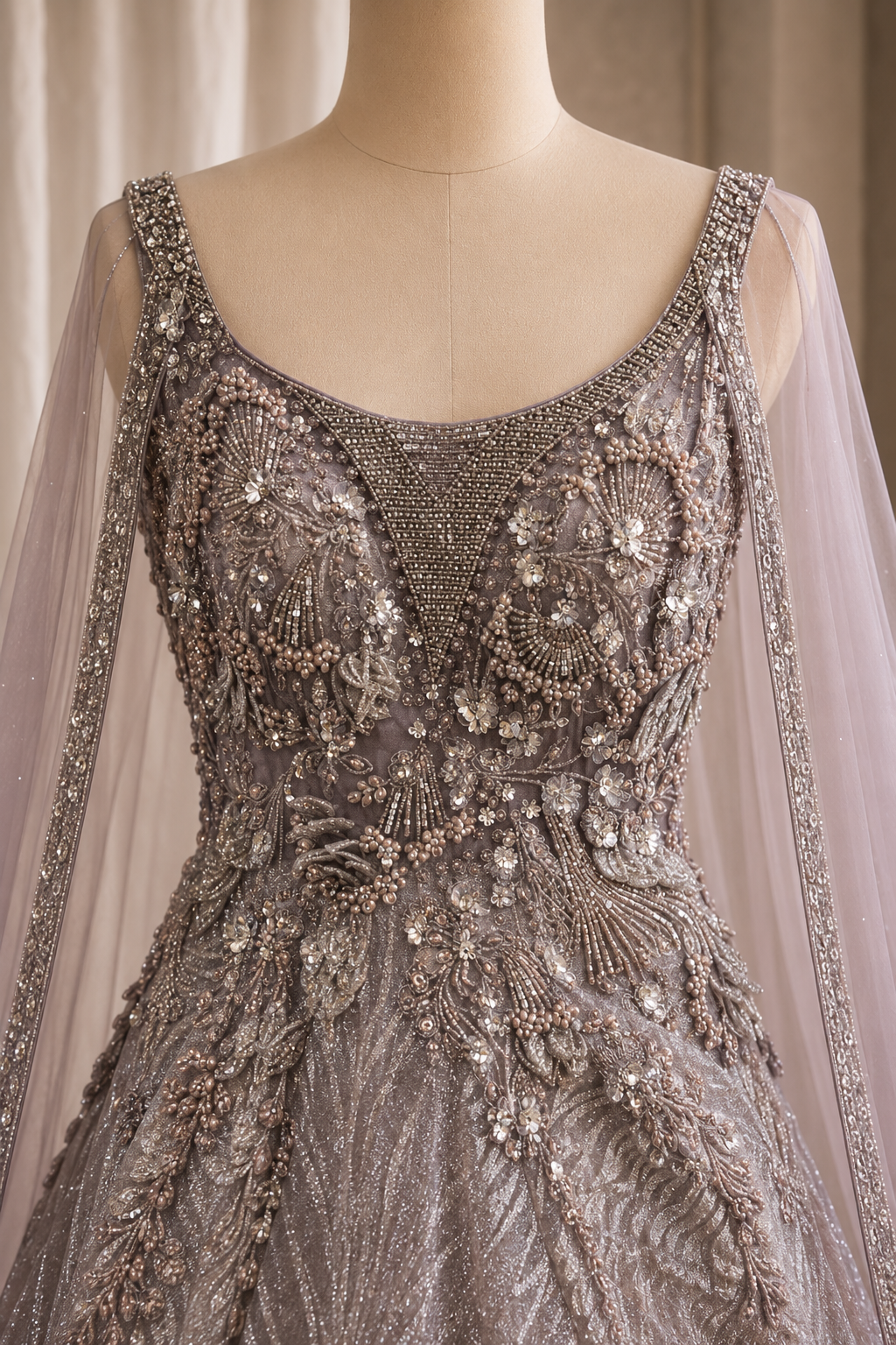 Handsome Pearl Work and Fancy Net Fabric Lavender Color Designer Gown