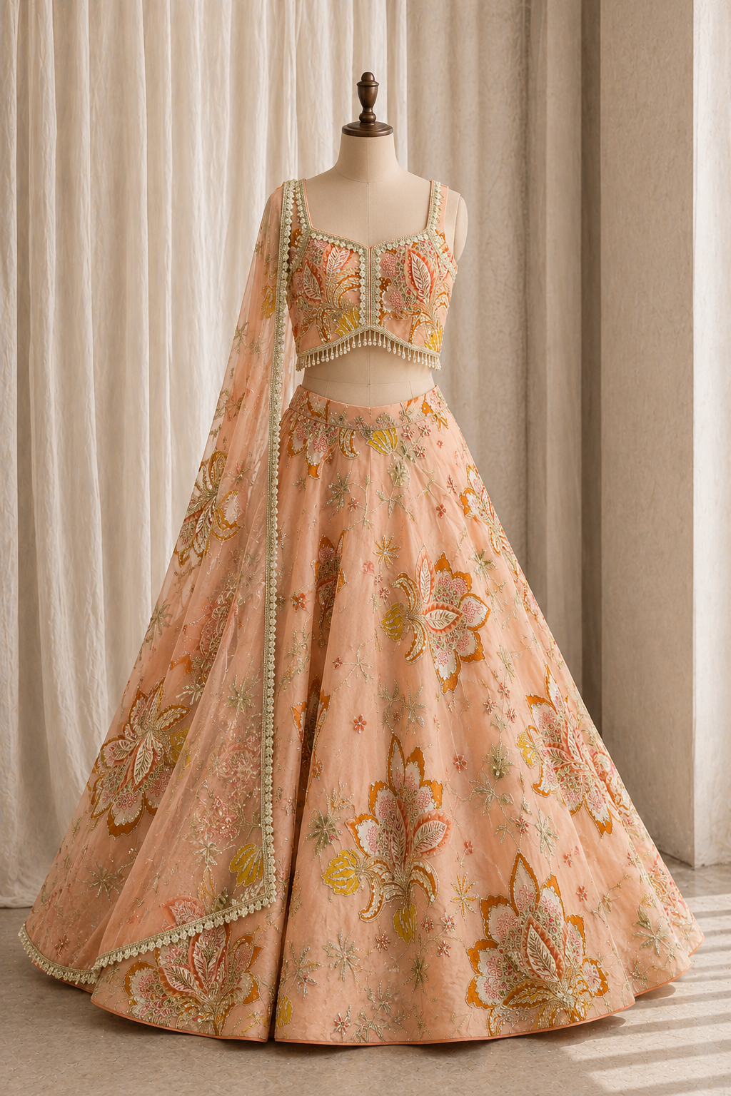 Traditional Kasab Work and Georgette Fabric Peach Color Designer Lehenga Choli