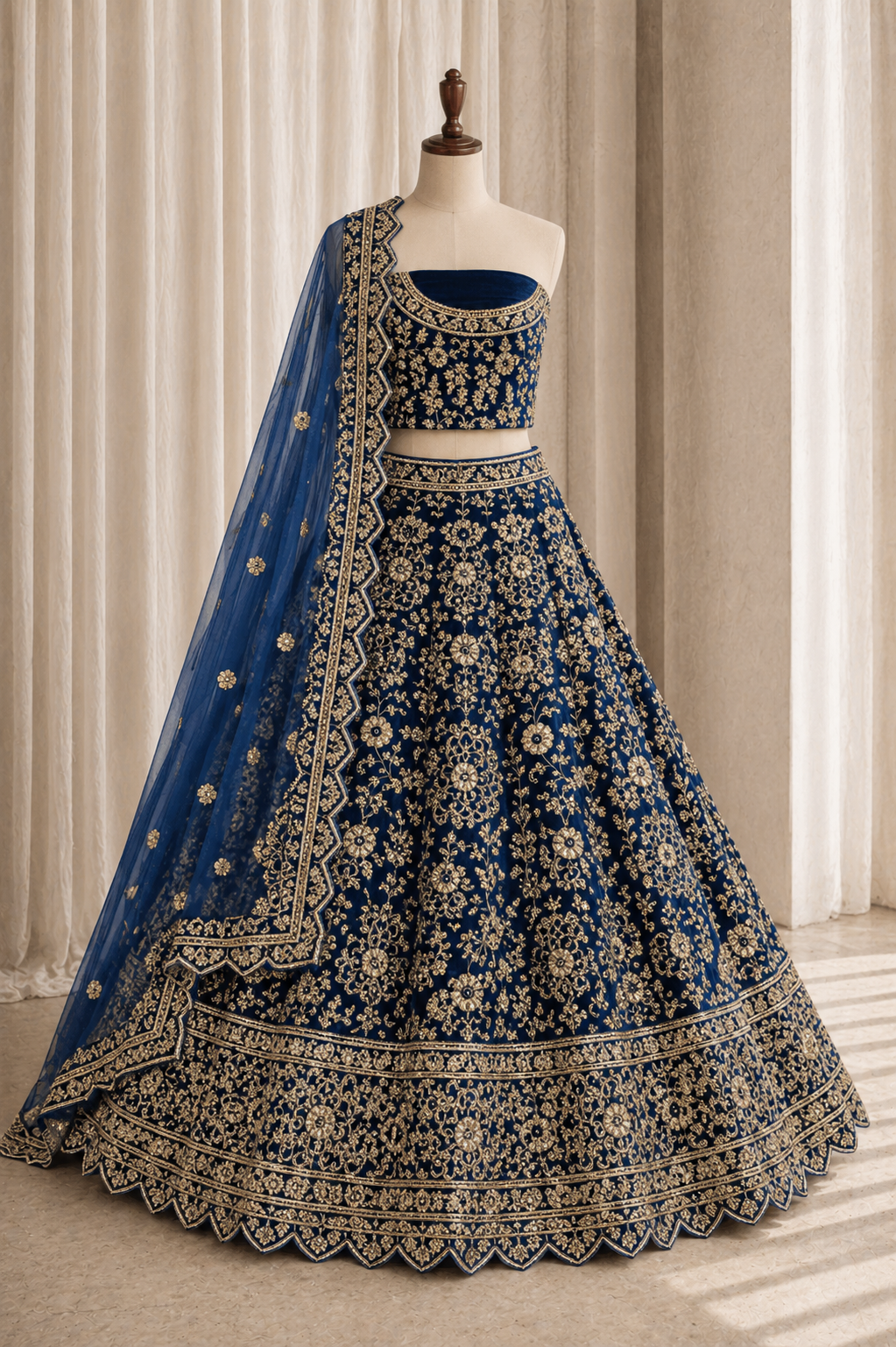 Premium Zardozi Work and Velvet Fabric Navy Blue Color Unstitch Lehenga Choli