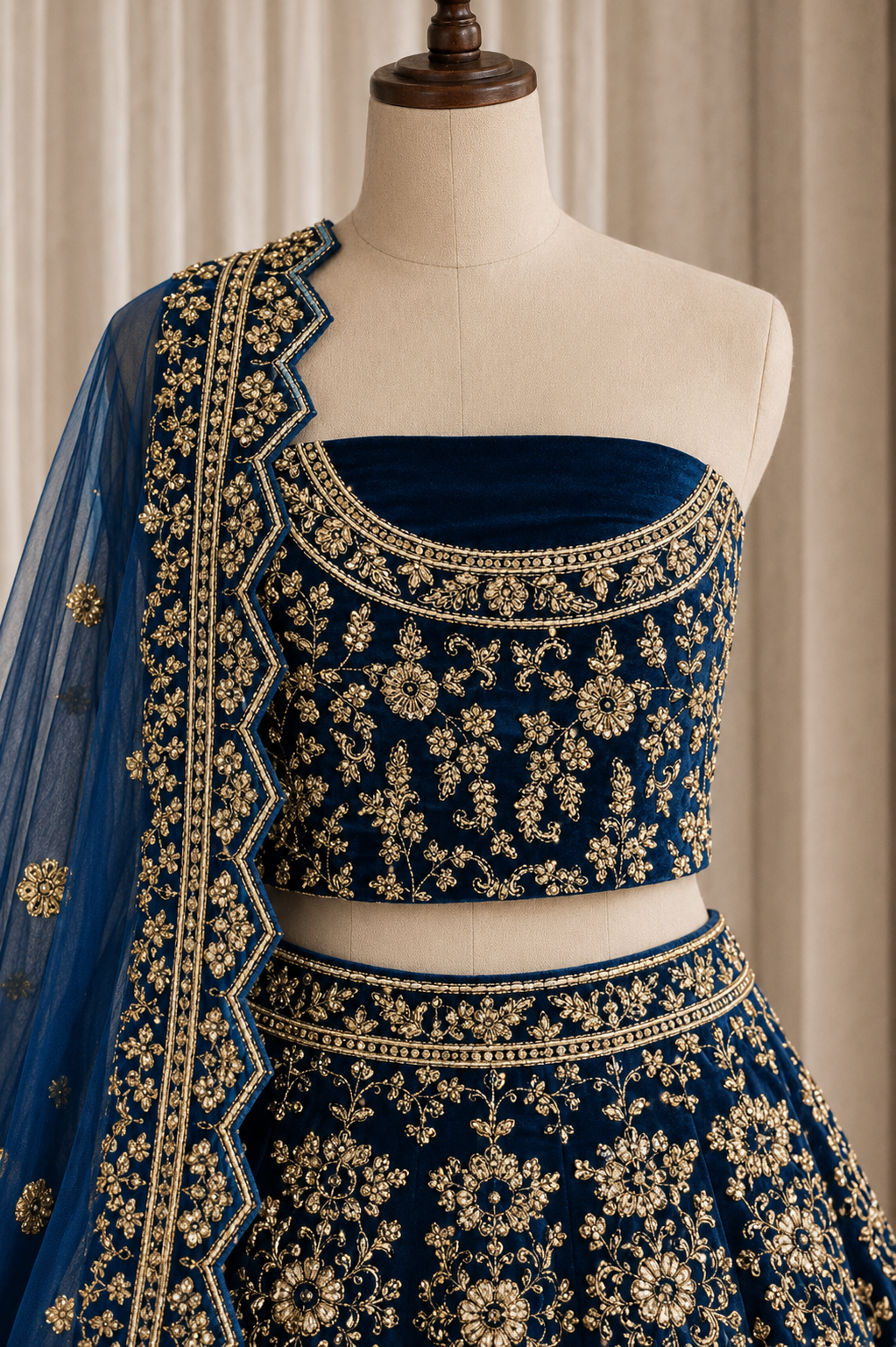 Premium Zardozi Work and Velvet Fabric Navy Blue Color Unstitch Lehenga Choli