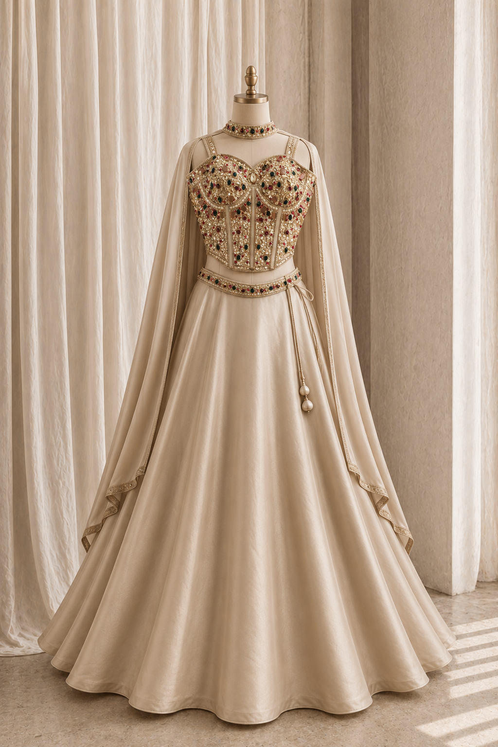Acceptable Stone Work and Shimmer Fabric Beige Color Corset Blouse Designer Lehenga Choli