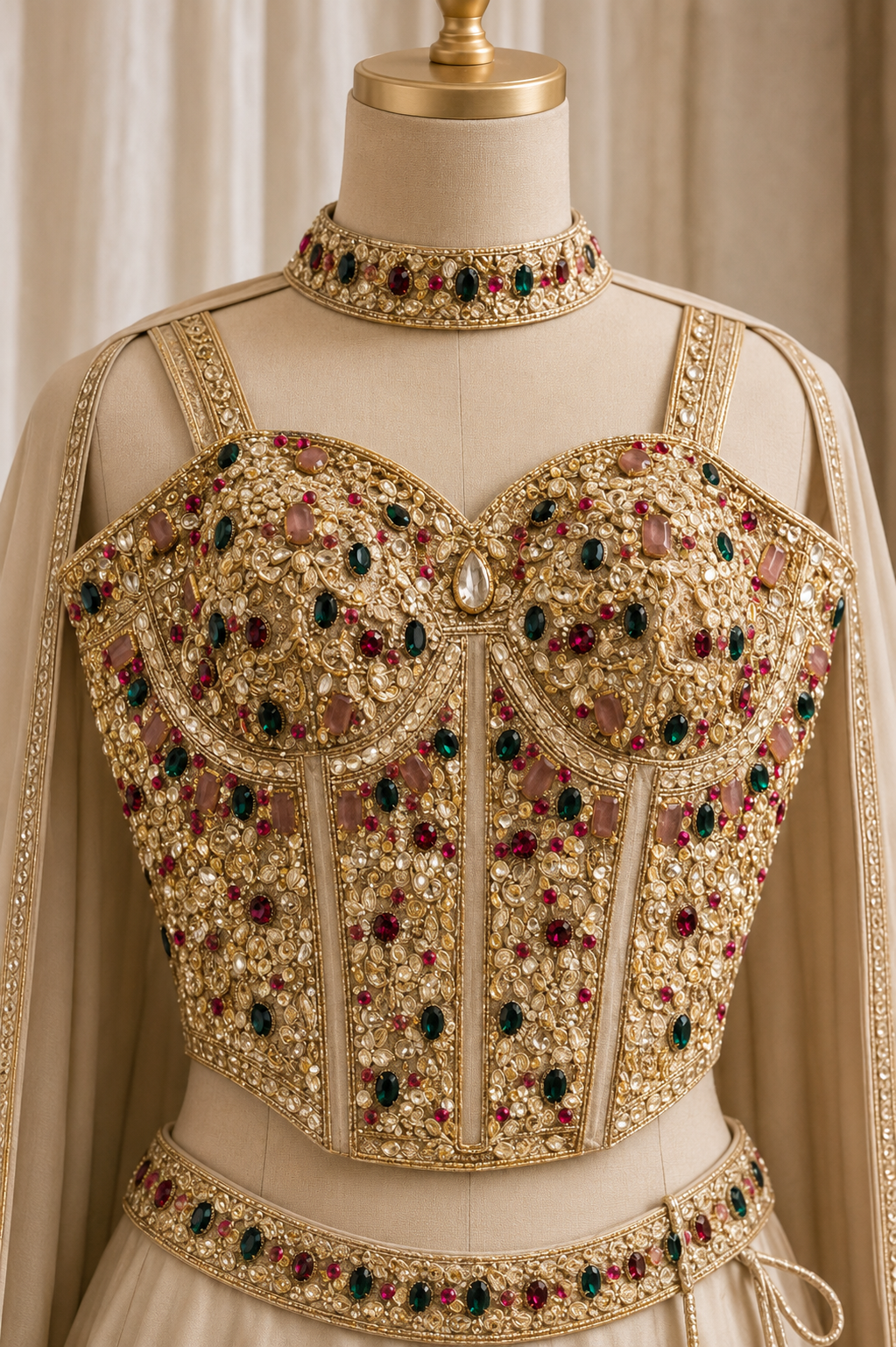 Acceptable Stone Work and Shimmer Fabric Beige Color Corset Blouse Designer Lehenga Choli