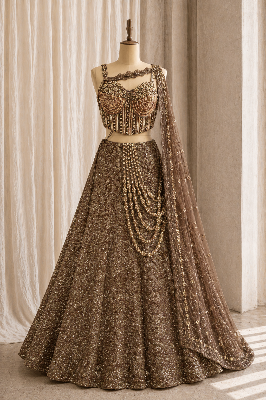 Special Cutdana Work and Soft Net Fabric Brown Color Fishcut Style Designer Lehenga Choli