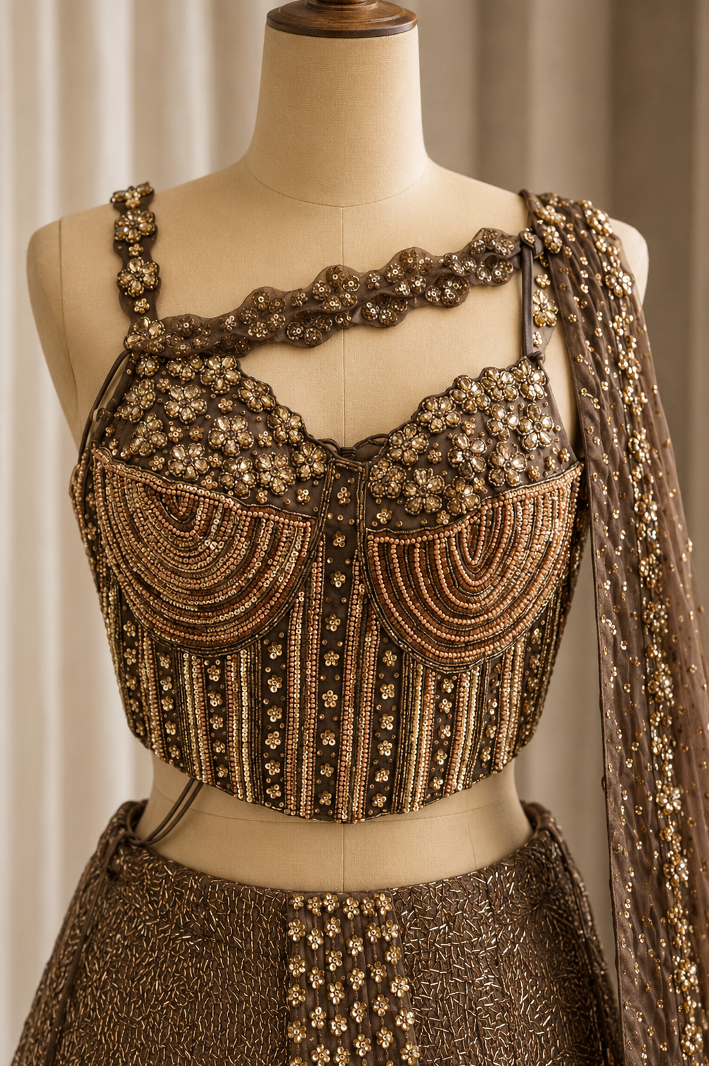 Special Cutdana Work and Soft Net Fabric Brown Color Fishcut Style Designer Lehenga Choli