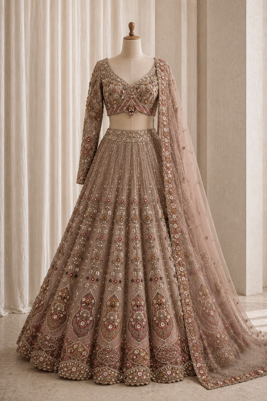 Radical Sequins Work and Soft Net Fabric Rose Gold Color Designer Lehenga Choli