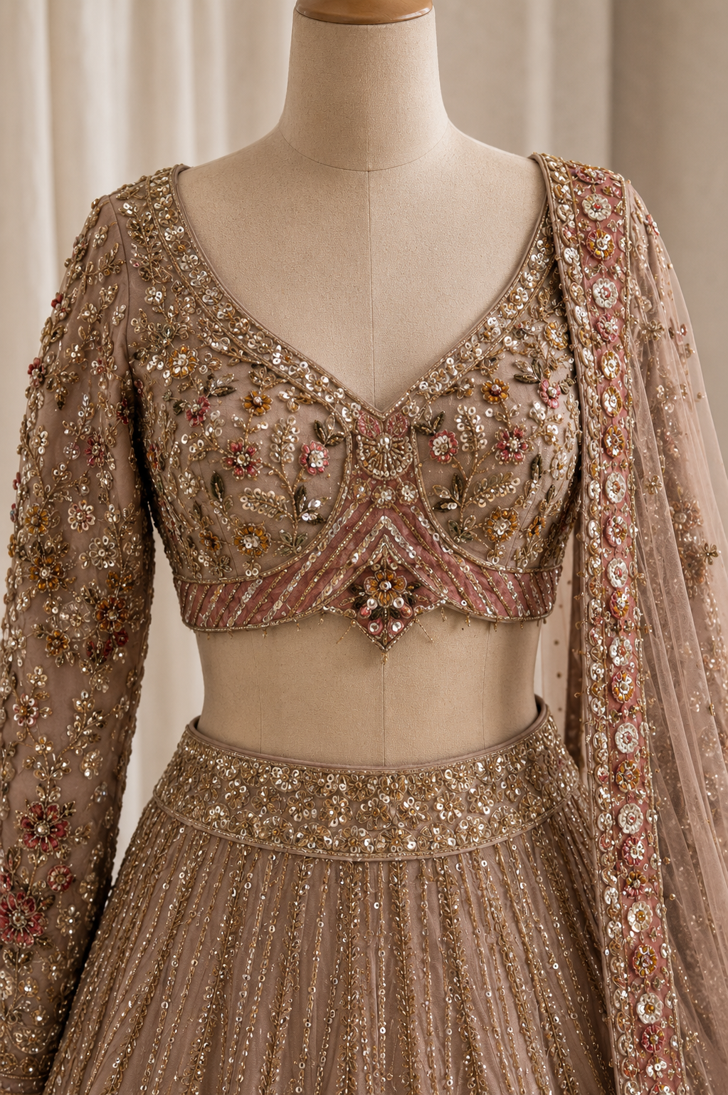 Radical Sequins Work and Soft Net Fabric Rose Gold Color Designer Lehenga Choli