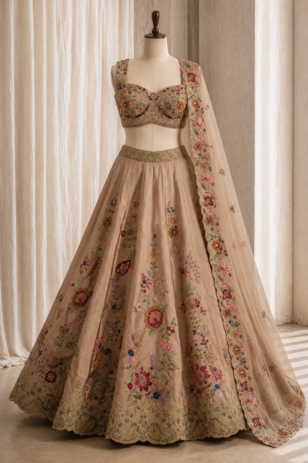 Dynamite Embroidery Work and Crepe Silk Fabric Peach Color Designer Lehenga Choli
