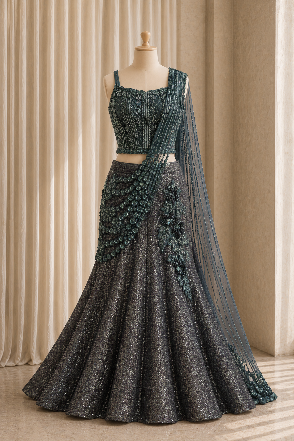 Decent Sequins Work and Fancy Soft Net Fabric Bottle Green Color Fishcut Style Designer Lehenga Choli