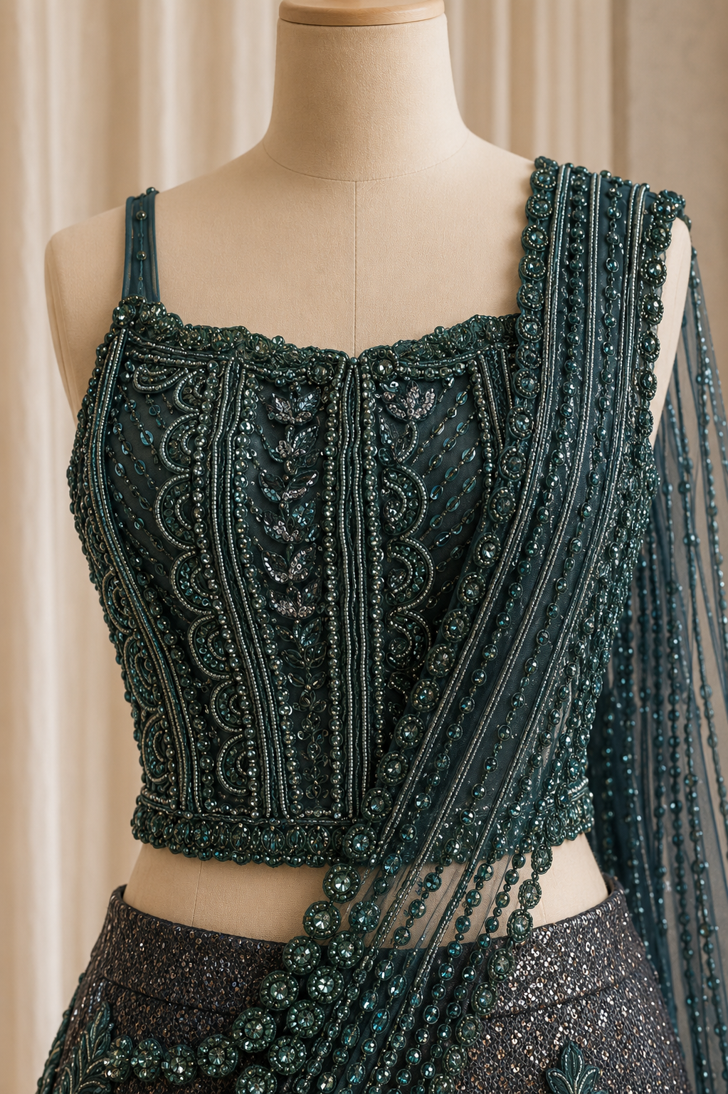 Decent Sequins Work and Fancy Soft Net Fabric Bottle Green Color Fishcut Style Designer Lehenga Choli