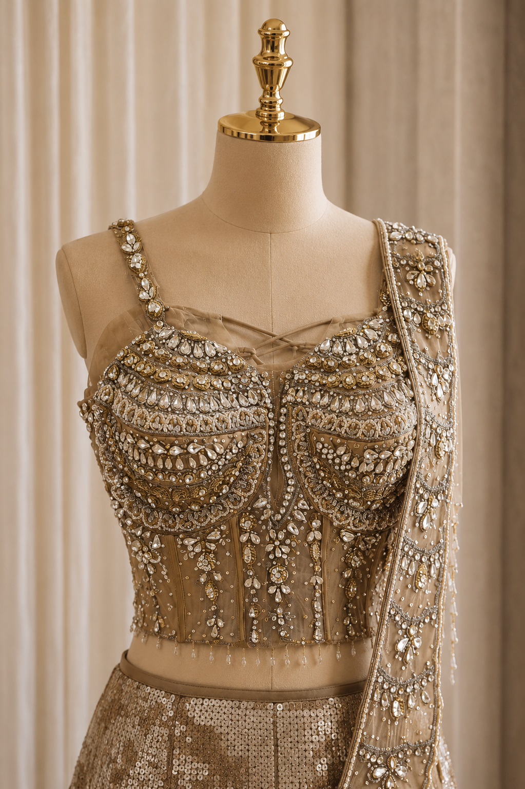 Superlative Diamond Work and Soft Net Fabric Cupper Color Designer Corset Blouse Lehenga Choli