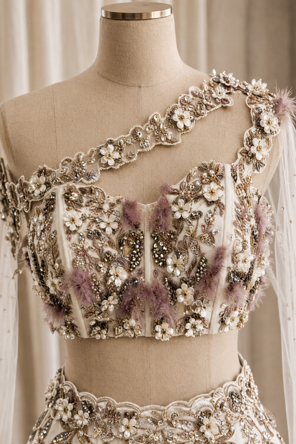 Exceptional Cutdana Work and Satin Fabric Ivory Color Designer Corset Blouse Lehenga Choli