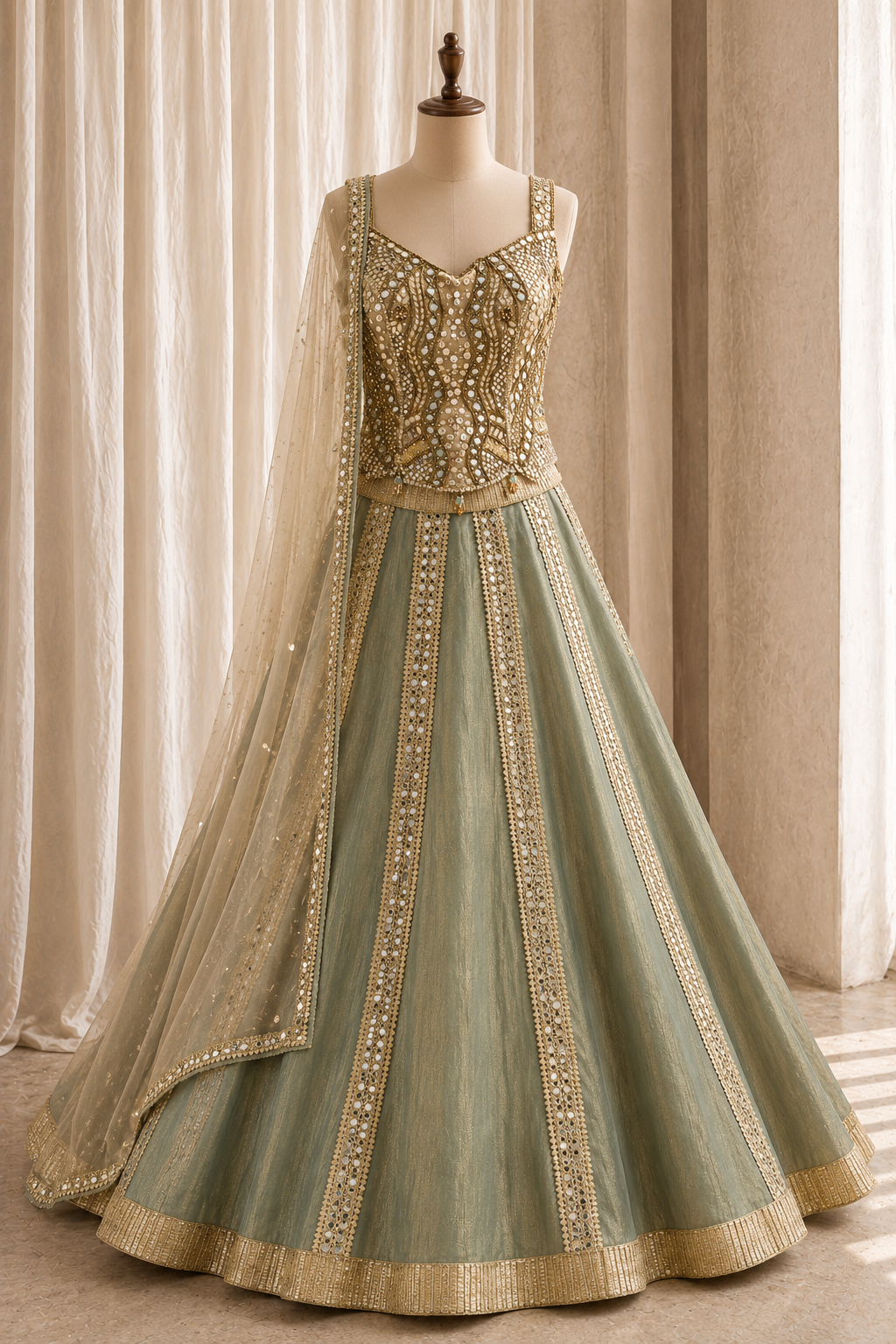Classic Mirror Work and Shimmer Fabric Green Color Designer Corset Blouse Lehenga Choli