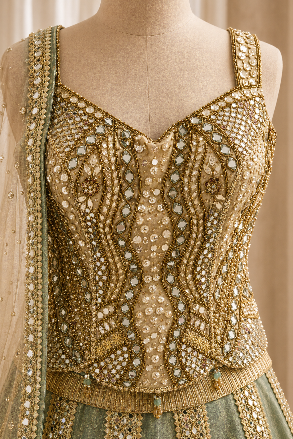 Classic Mirror Work and Shimmer Fabric Green Color Designer Corset Blouse Lehenga Choli