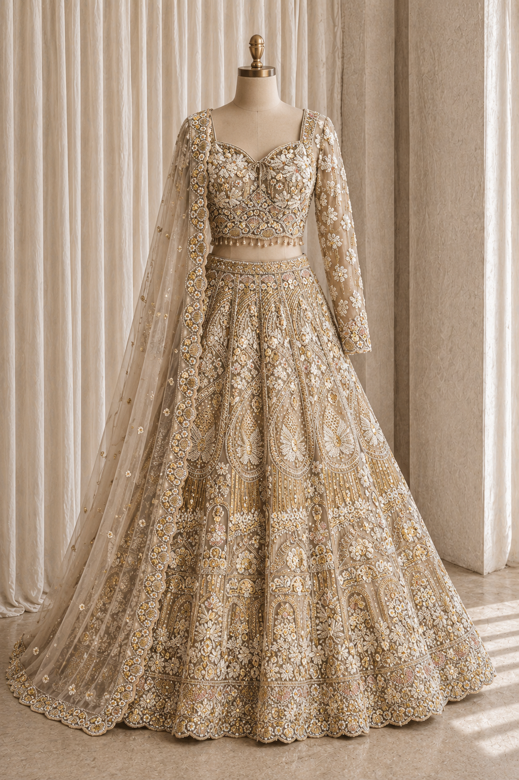 Marvelous Thread Work and Soft Net Fabric Gold Color Designer Lehenga Choli
