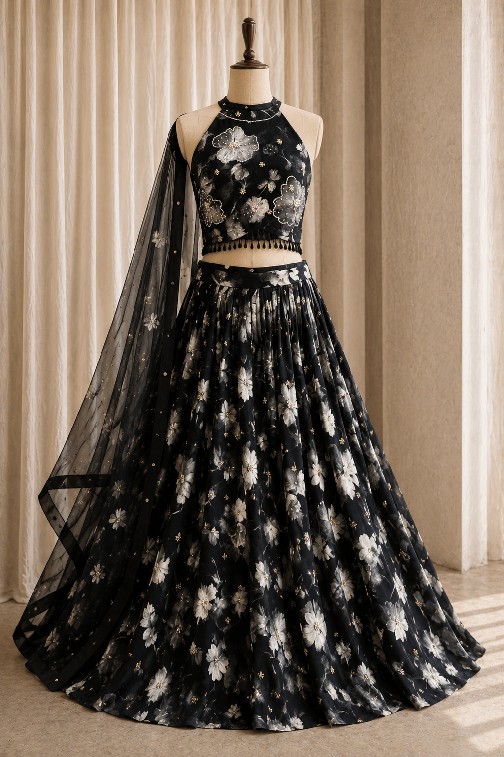 Great Digital Print and Crepe Silk Fabric Black Color Designer Lehenga Choli
