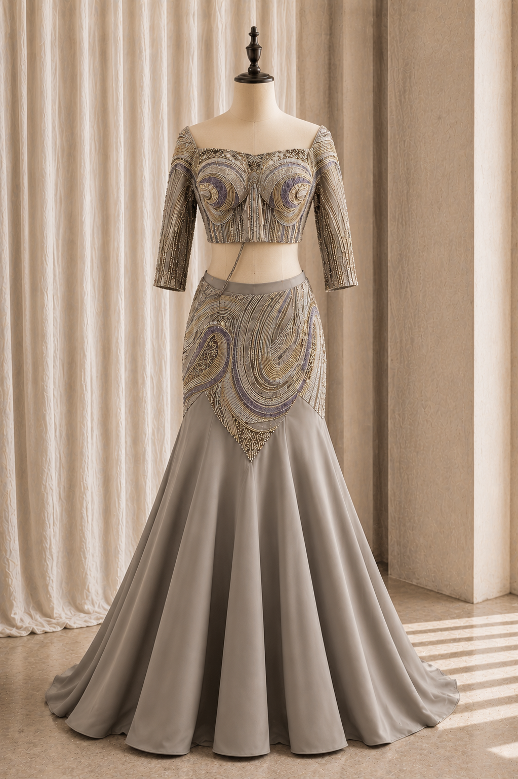 Superb Cutdana Work and Crepe Fabric Grey Color Designer Lehenga Choli