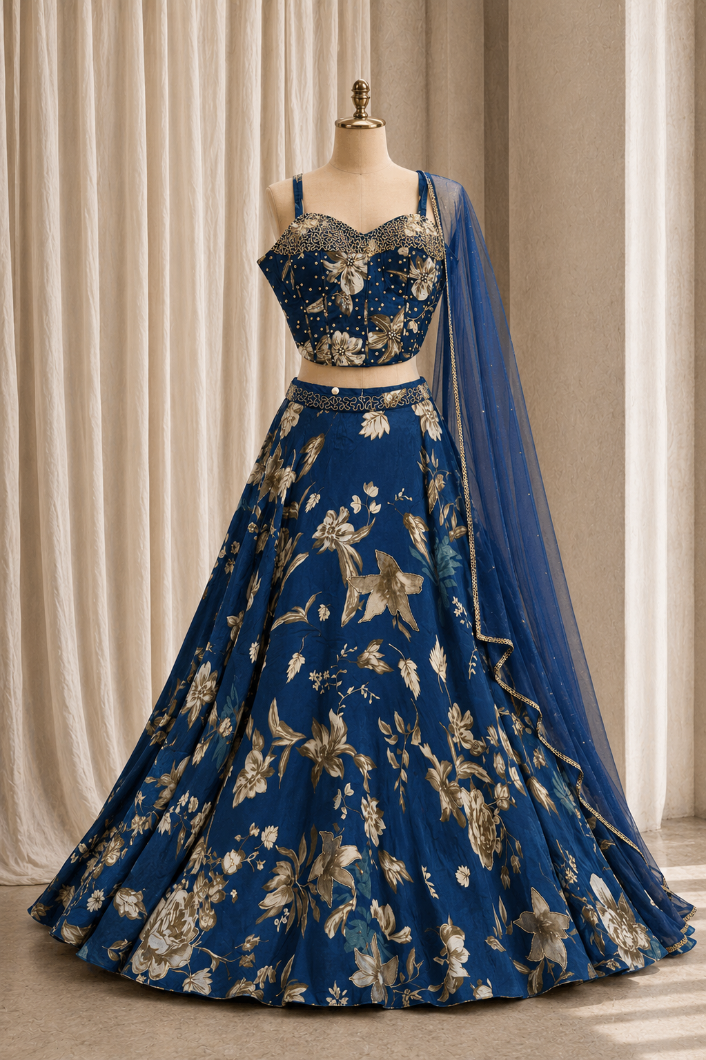Fabulous Digital Print and Crepe Silk Fabric Navy Blue Color Designer Lehenga Choli