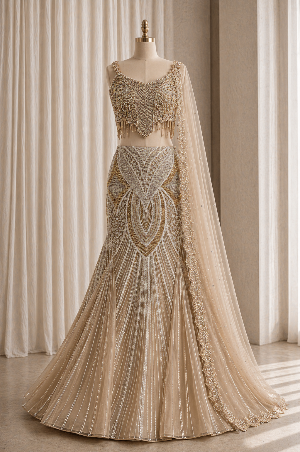 Awesome Cutdana Work and Soft Net Fabric Beige Color Designer Lehenga Choli