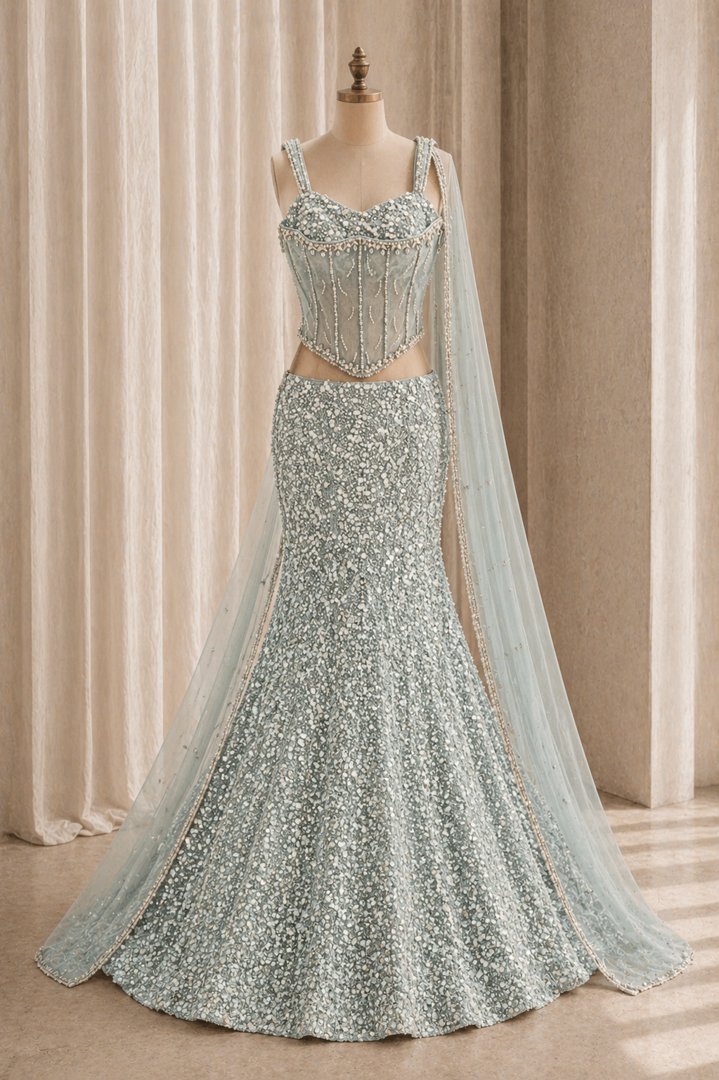 Glossy Pearl Work and Soft Net Fabric Sea Green Color Fishcut Style Designer Lehenga Choli