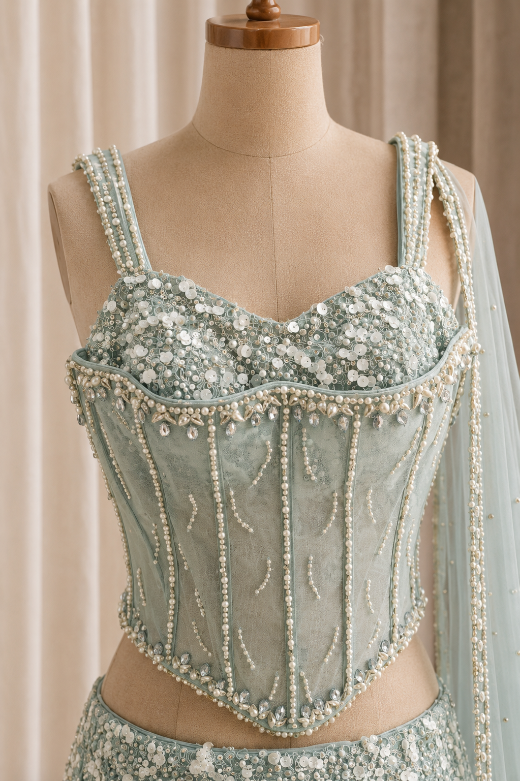 Glossy Pearl Work and Soft Net Fabric Sea Green Color Fishcut Style Designer Lehenga Choli