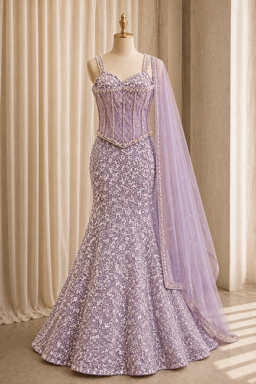 Glamorous Pearl Work and Soft Net Fabric Lavender Color Fishcut Style Designer Lehenga Choli