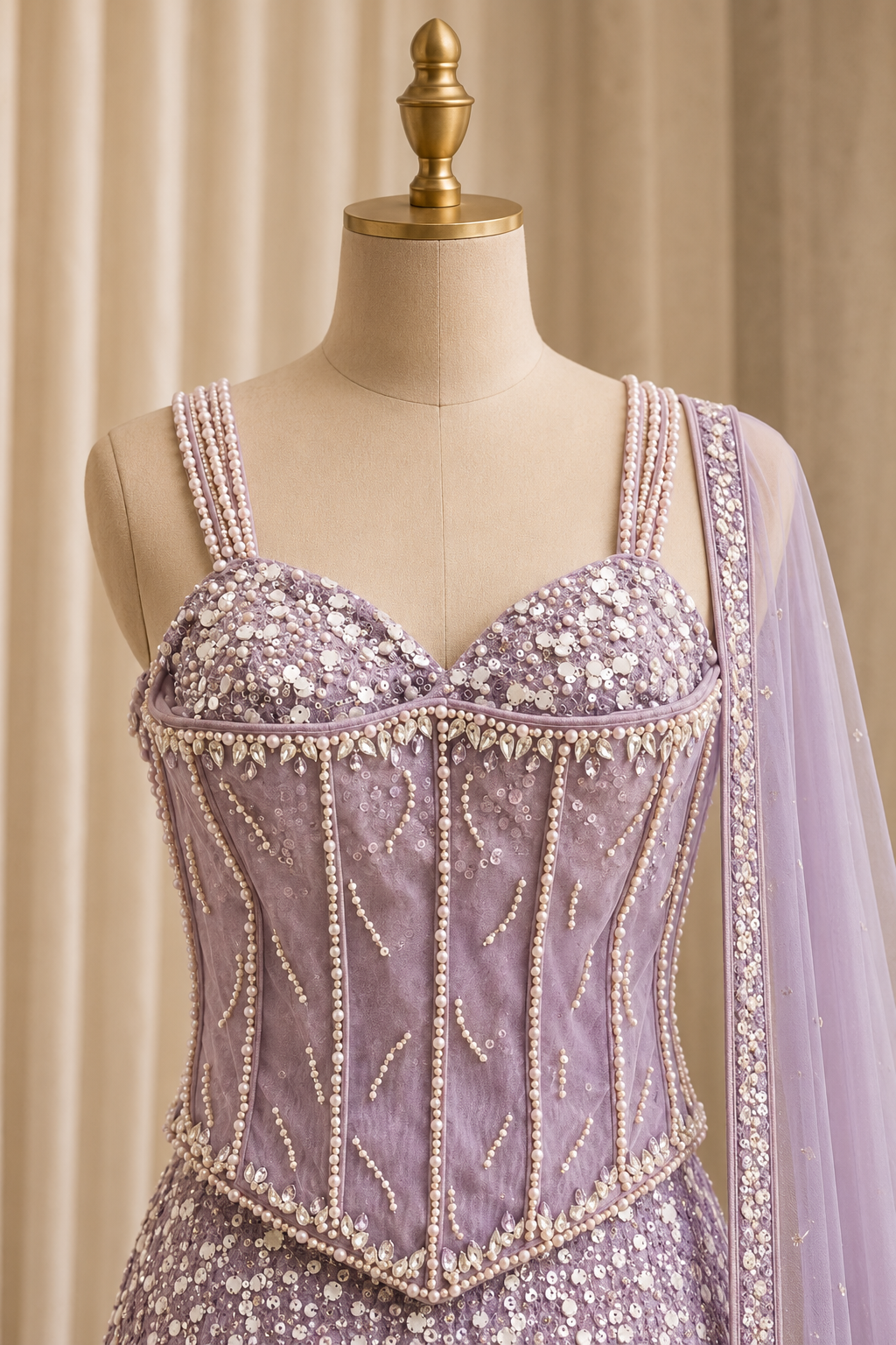 Glamorous Pearl Work and Soft Net Fabric Lavender Color Fishcut Style Designer Lehenga Choli