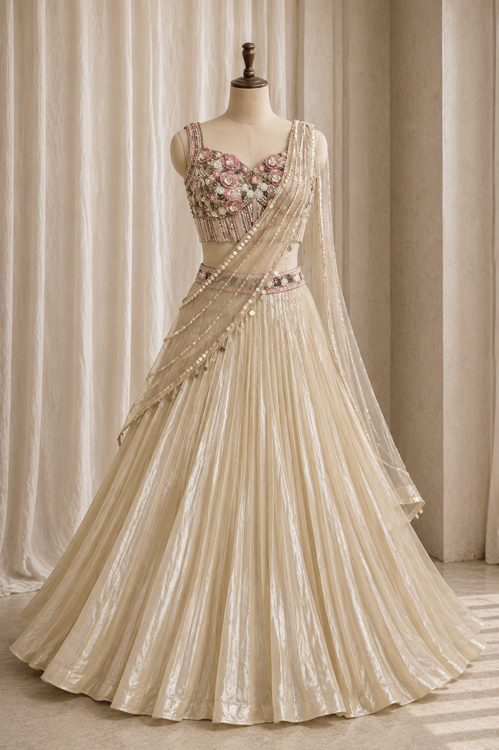 Lovesome Pearl Work and Organza Fabric Beige Color Designer Lehenga Choli