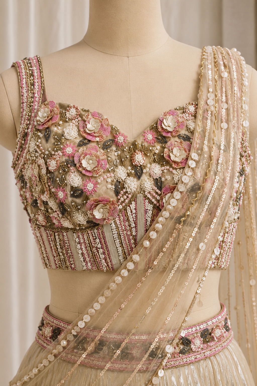 Lovesome Pearl Work and Organza Fabric Beige Color Designer Lehenga Choli
